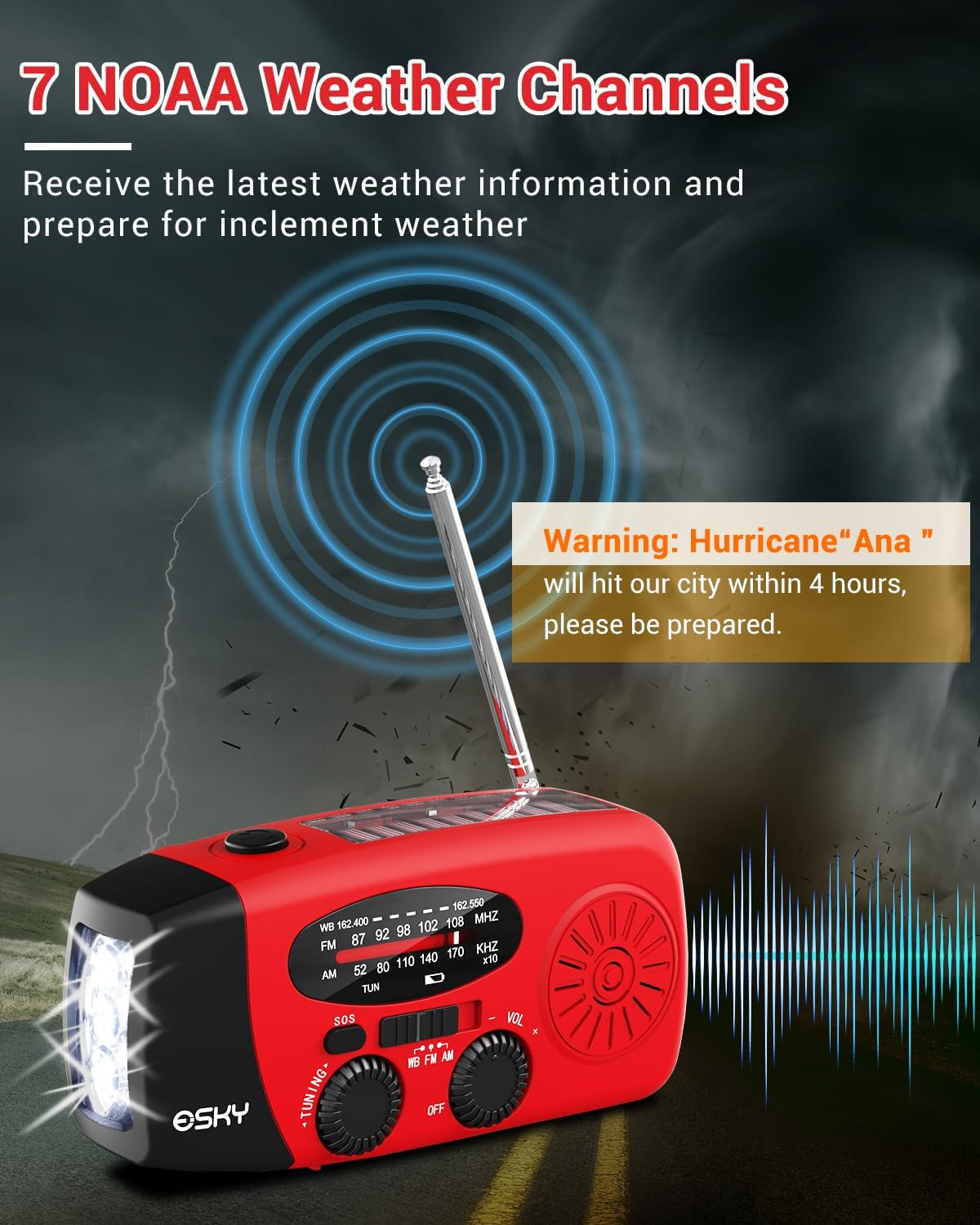 Emergency Hand Crank Radio with 7400mAh Power Bank, 3 LED Flashlights, AM/FM/NOAA Weather Radio, Solar Rechargeable for Camping and Emergency Preparedness with SOS Alarm