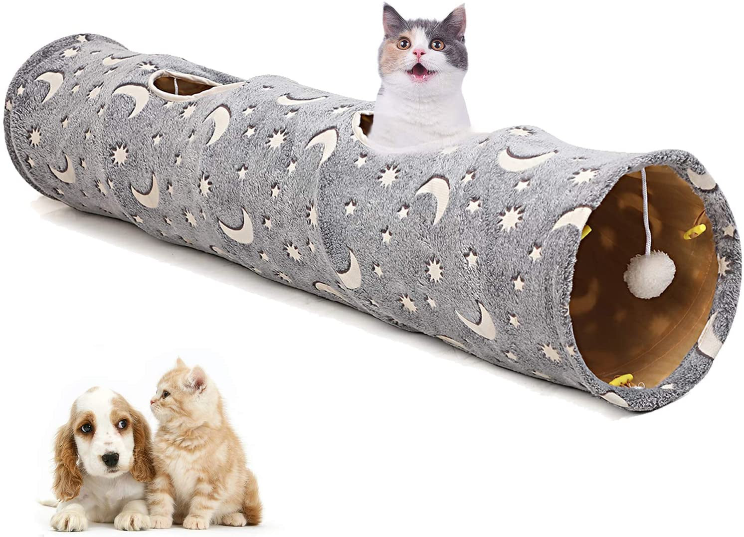 Collapsible Cat Tunnel with Plush Ball Toys and Photoluminescent Features for Small Pets - Grey Moon and Star Design