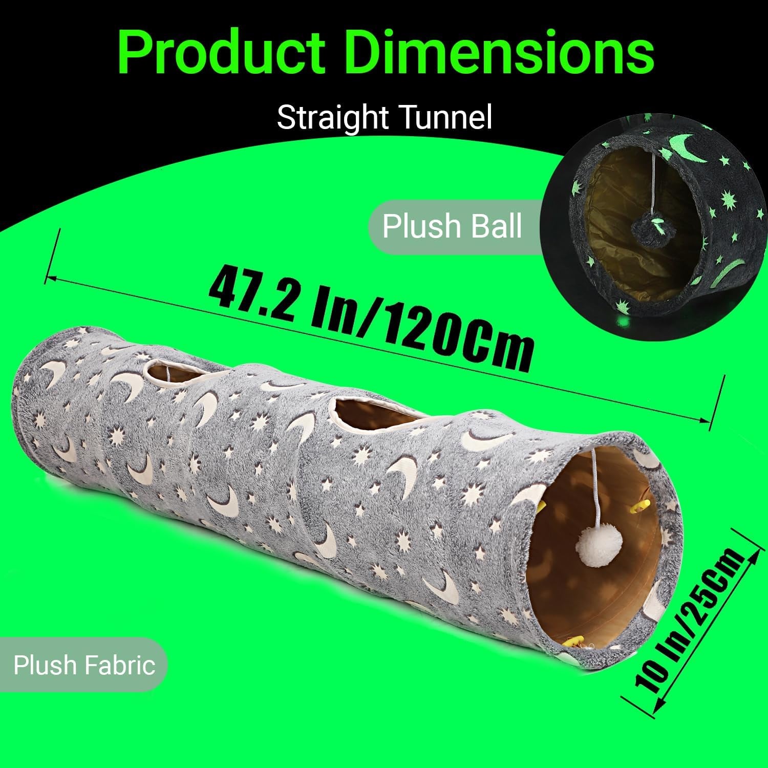 Collapsible Cat Tunnel with Plush Ball Toys and Photoluminescent Features for Small Pets - Grey Moon and Star Design