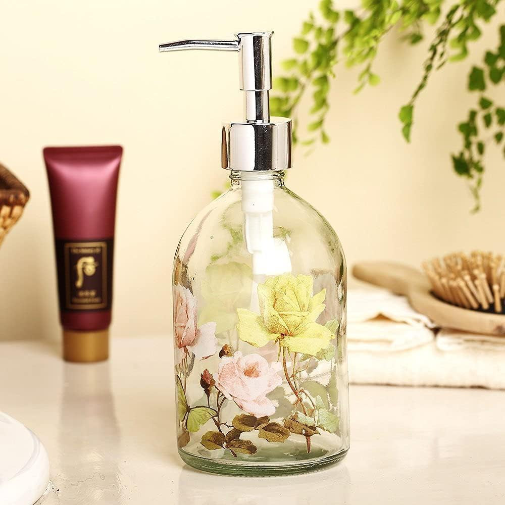 Elegant Glass Soap Dispenser Bottle with Pump - Refillable Liquid Hand Dispenser for Bathroom and Kitchen, 17 Oz Capacity