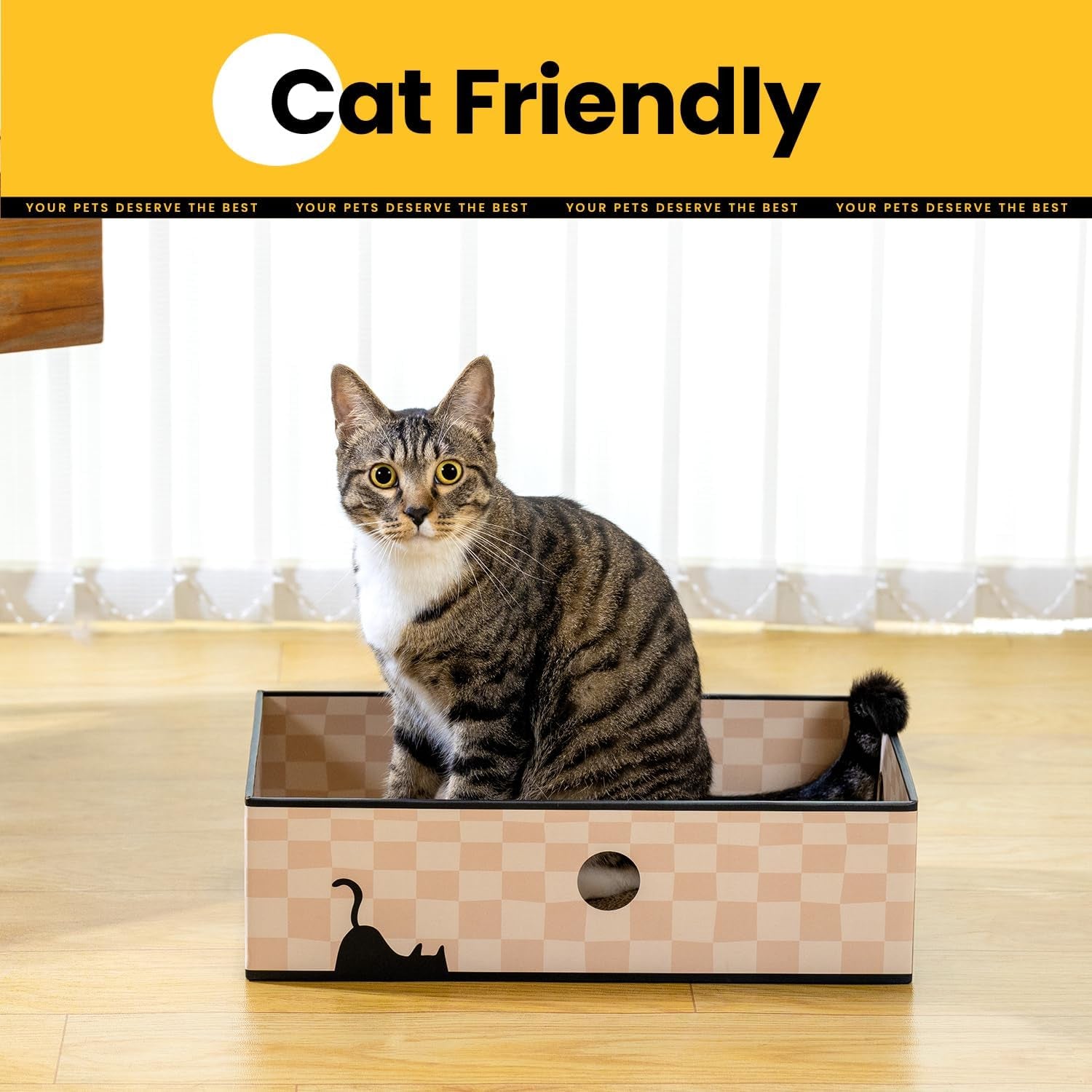 Cat Scratcher Box with 3-Layer Corrugated Board, Heavy-Duty Double-Sided Cardboard Cat Bed, Interactive Hole Design, Checkered, Large