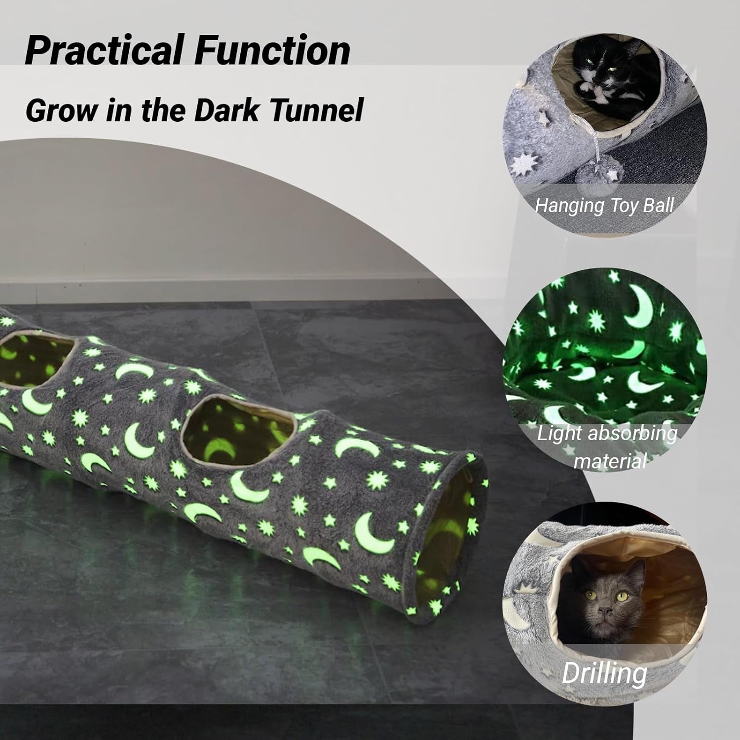Collapsible Cat Tunnel with Plush Ball Toys and Photoluminescent Features for Small Pets - Grey Moon and Star Design